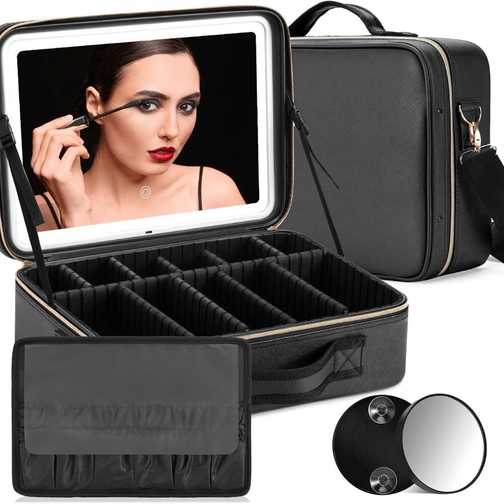 Travel Makeup Bag With Led Lighted Make Up Case With Mirror 3 Color Setting Cosm